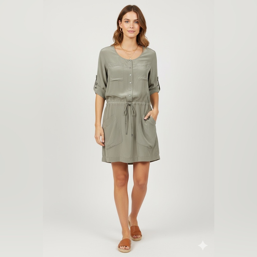 Club Monaco 100% Silk Utility Mini Shirt Dress Size 2 Green Minimalist - Picture 9 of 9